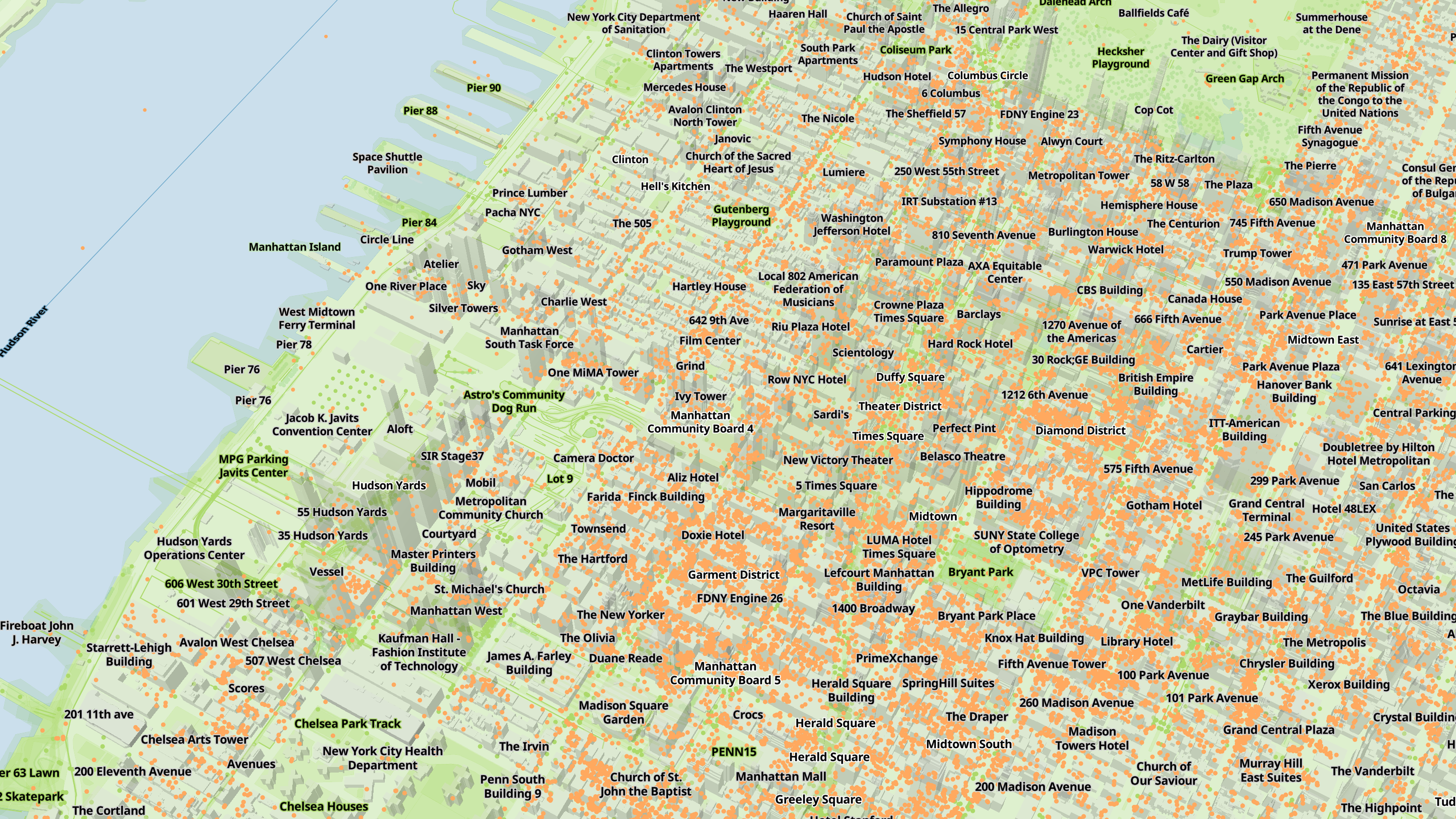 Midtown Manhattan, as seen by Overture's places, buildings, and base layers.