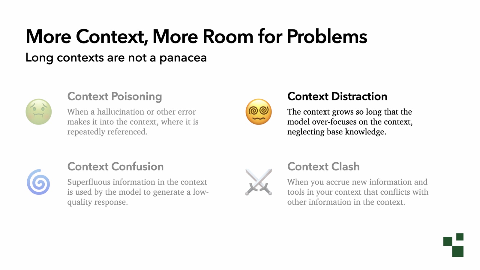 More Context, More Room for Problems: the four context failure modes, with Context Distraction highlighted. The context grows so long that the model over-focuses on the context, neglecting base knowledge.