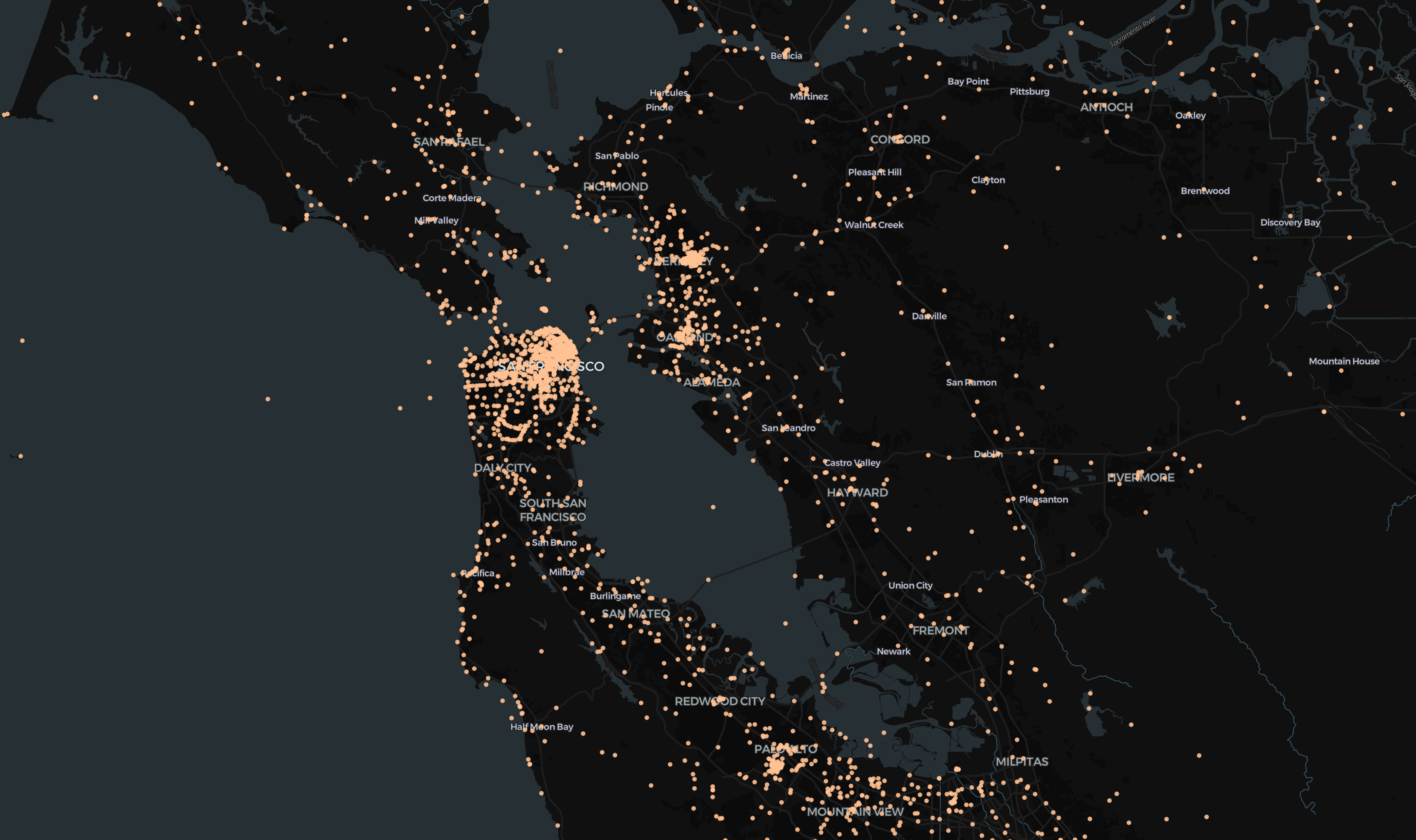 Wikidata entities with coordinate pairs, in the Bay Area